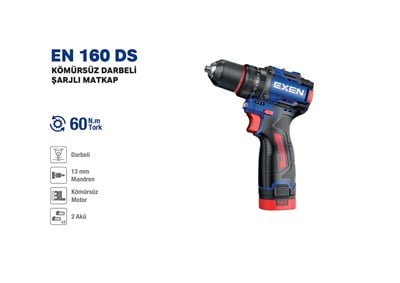 EXEN EN 160 DS 16 V. 2 AH. 60 NM. KÖMÜRSÜZ DARBELİ ŞARJLI MATKAP