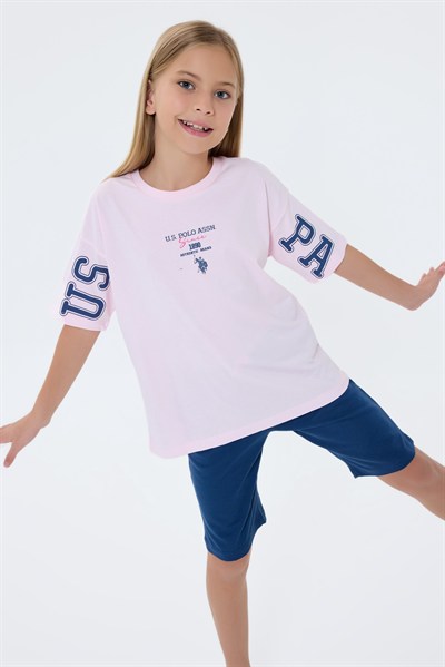 U.S. POLO ASSN Baskılı Kız Çocuk Şort Takım 4-8 Yaş Pembe