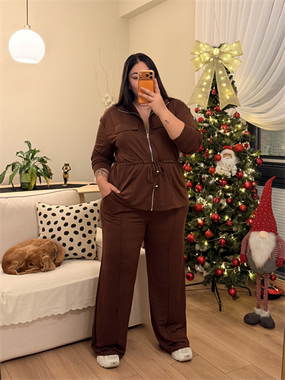 Büzgü Detaylı Cepli Modal Karışımlı Takım - Kahverengi