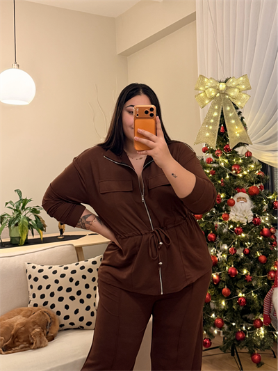 Büzgü Detaylı Cepli Modal Karışımlı Takım - Kahverengi