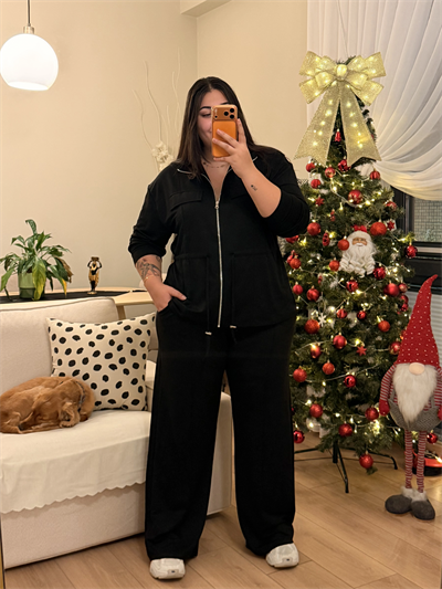 Büzgü Detaylı Cepli Modal Karışımlı Takım - Siyah