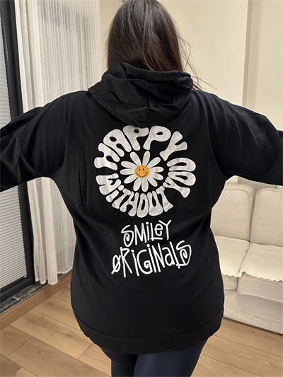 Geniş Kalıp 2 İplik Kapüşonlu Sweatshirt - Siyah Papatya