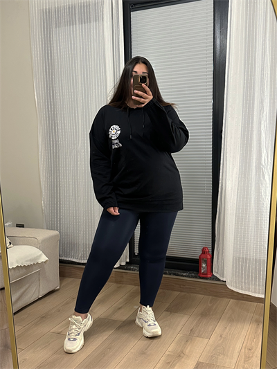 Geniş Kalıp 2 İplik Kapüşonlu Sweatshirt - Siyah Papatya