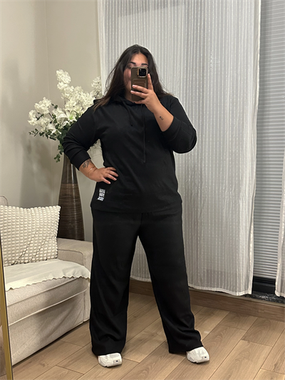 Geniş Kesim Esnek Kapüşonlu Fitilli Takım - Siyah