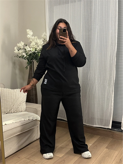 Geniş Kesim Esnek Kapüşonlu Fitilli Takım - Siyah