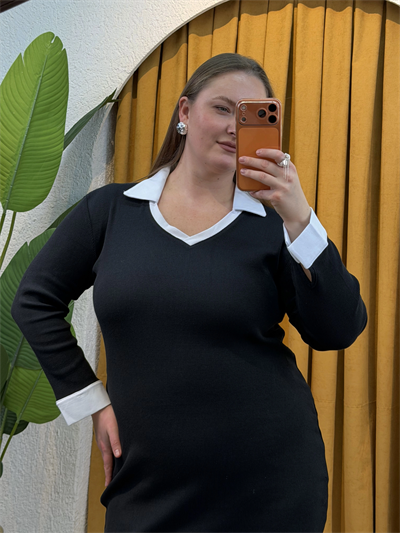 Gömlek Yaka Esnek Triko Elbise - Siyah