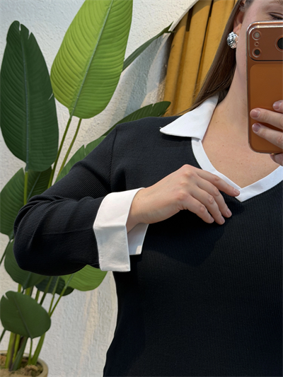 Gömlek Yaka Esnek Triko Elbise - Siyah