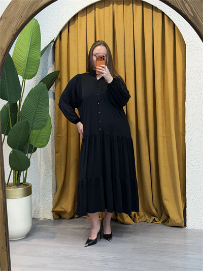 Hakim Yaka Esnek Penye Gömlek Elbise - Siyah