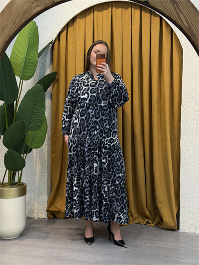 Hakim Yaka Esnek Penye Gömlek Elbise - Siyah Leopar