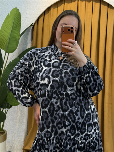 Hakim Yaka Esnek Penye Gömlek Elbise - Siyah Leopar