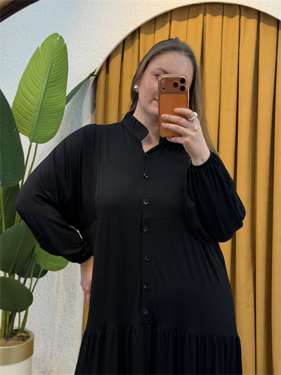 Hakim Yaka Esnek Penye Gömlek Elbise - Siyah