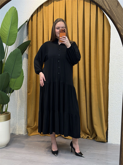 Hakim Yaka Esnek Penye Gömlek Elbise - Siyah