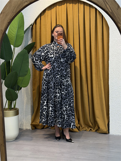 Hakim Yaka Esnek Penye Gömlek Elbise - Siyah Leopar