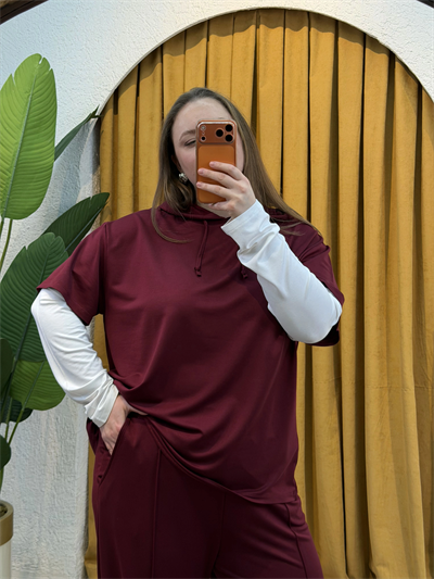 Kolları Parçalı Modal Kapüşonlu Takım - Bordo