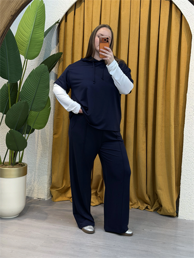 Kolları Parçalı Modal Kapüşonlu Takım - Lacivert