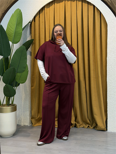 Kolları Parçalı Modal Kapüşonlu Takım - Bordo