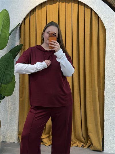 Kolları Parçalı Modal Kapüşonlu Takım - Bordo