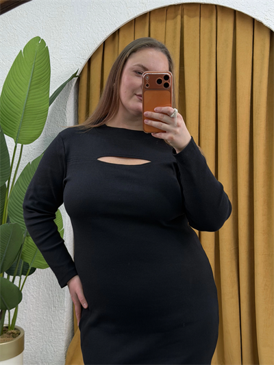 Pencere Detay Likralı Triko Elbise - Siyah