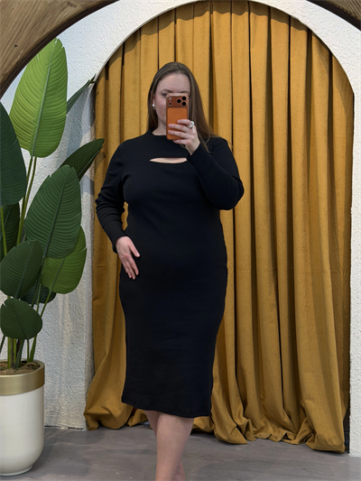 Pencere Detay Likralı Triko Elbise - Siyah