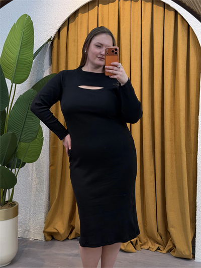 Pencere Detay Likralı Triko Elbise - Siyah