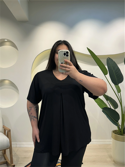 V Yaka Pileli Esnek Penye Bluz - Siyah