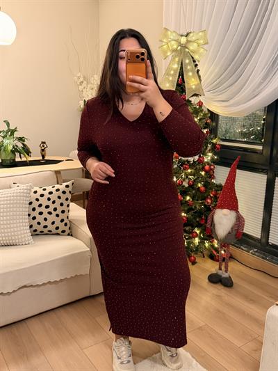 V Yaka Zara Krep Shiine Elbise - Bordo