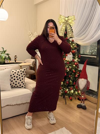 V Yaka Zara Krep Shiine Elbise - Bordo