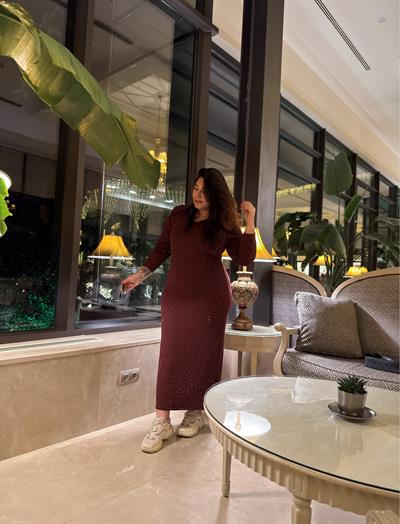 V Yaka Zara Krep Shine Elbise - Bordo