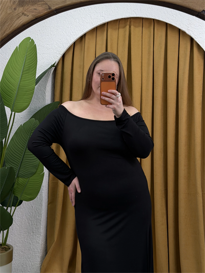 Yırtmaçlı Madonna Yaka Esnek Penye Elbise - Siyah