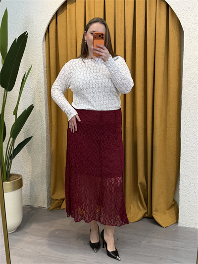 Dantel Detaylı Esnek Astarlı Etek - Bordo