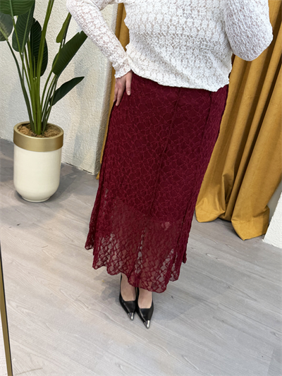 Dantel Detaylı Esnek Astarlı Etek - Bordo
