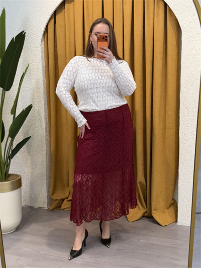 Dantel Detaylı Esnek Astarlı Etek - Bordo
