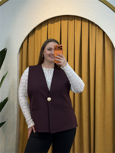 Oversize Düğme Detaylı Blazer Yelek - Mürdüm
