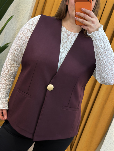 Oversize Düğme Detaylı Blazer Yelek - Mürdüm