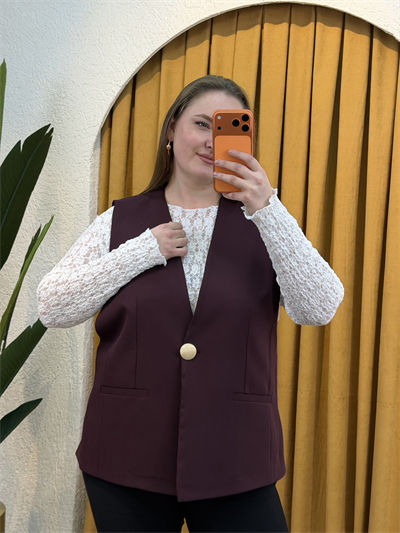 Oversize Düğme Detaylı Blazer Yelek - Mürdüm