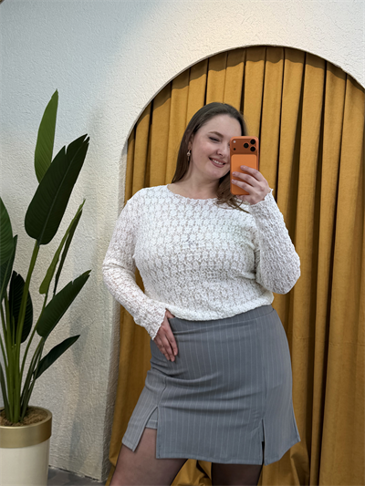 Esnek Transparan Dantel Bluz - Beyaz