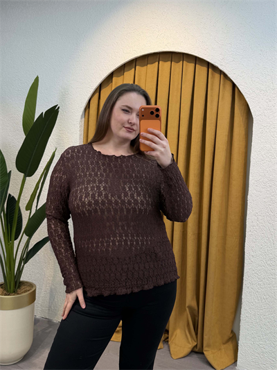 Esnek Transparan Dantel Bluz - Kahverengi