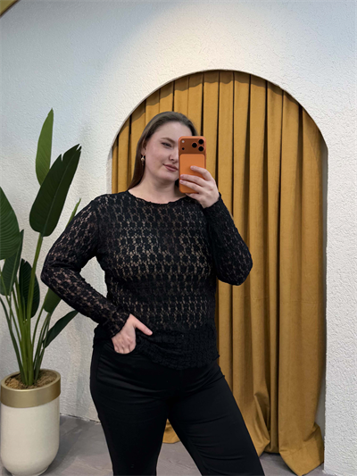 Esnek Transparan Dantel Bluz - Siyah