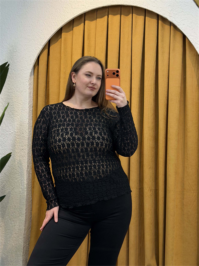 Esnek Transparan Dantel Bluz - Siyah