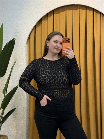 Esnek Transparan Dantel Bluz - Siyah