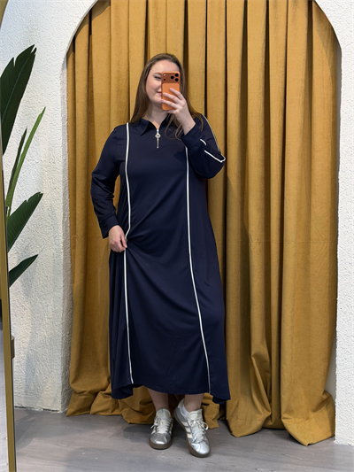 Fermuarlı Biyeli Esnek Modal Elbise - Lacivert