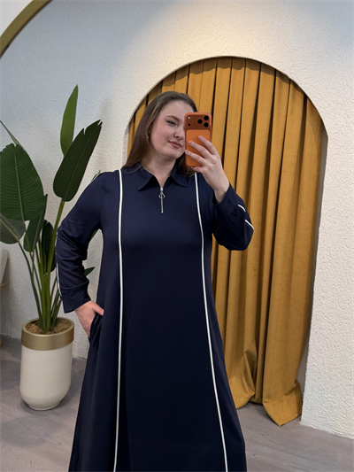 Fermuarlı Biyeli Esnek Modal Elbise - Lacivert