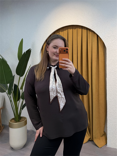 Fular Detaylı Modal Gömlek Bluz - Kahverengi