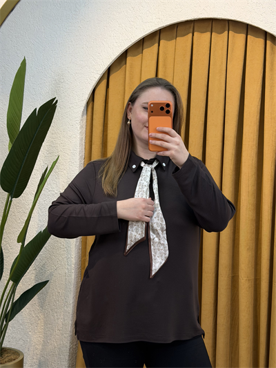 Fular Detaylı Modal Gömlek Bluz - Kahverengi