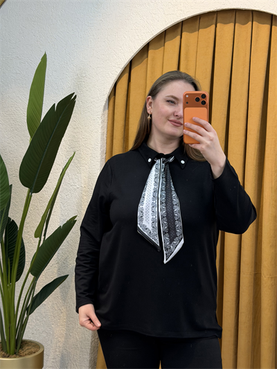 Fular Detaylı Modal Gömlek Bluz - Siyah