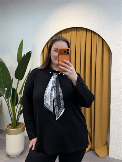 Fular Detaylı Modal Gömlek Bluz - Siyah