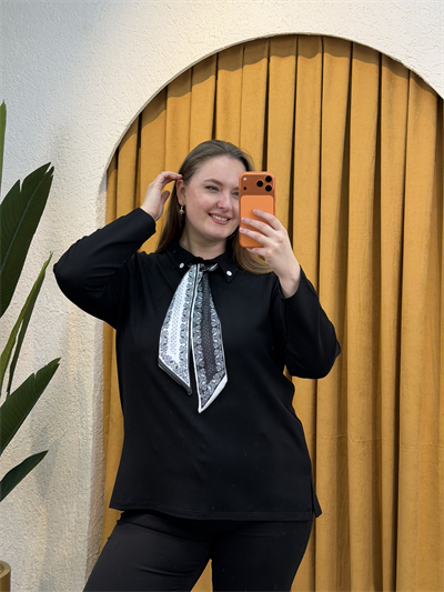 Fular Detaylı Modal Gömlek Bluz - Siyah