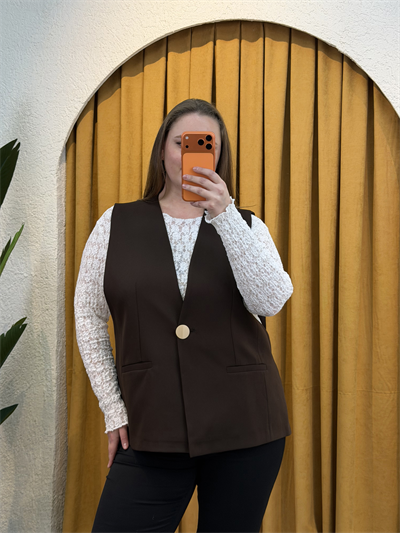 Oversize Düğme Detaylı Blazer Yelek - Kahverengi