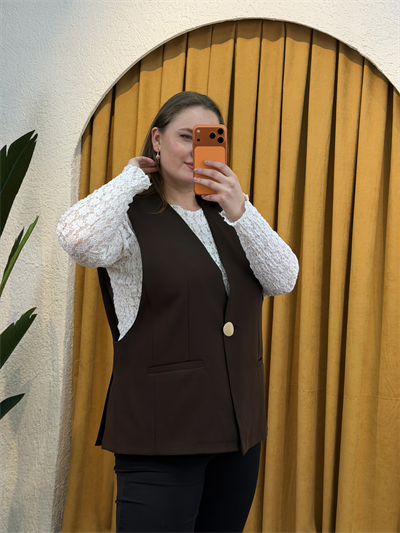 Oversize Düğme Detaylı Blazer Yelek - Kahverengi
