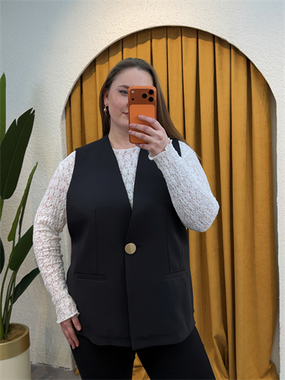 Oversize Düğme Detaylı Blazer Yelek - Siyah